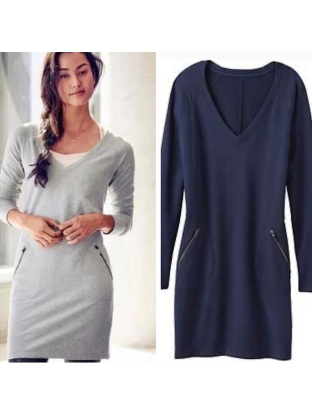ATHLETA ST Navy Blue Enchanted V-Neck Long Sleeve Tunic Dress Zip Cuffs Pockets